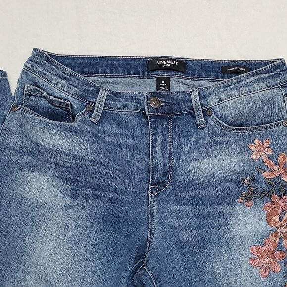 NINE West Gramercy Skinny Floral Embroidered Mid Rise Skinny Stretch Jeans 8 - Picture 4 of 12